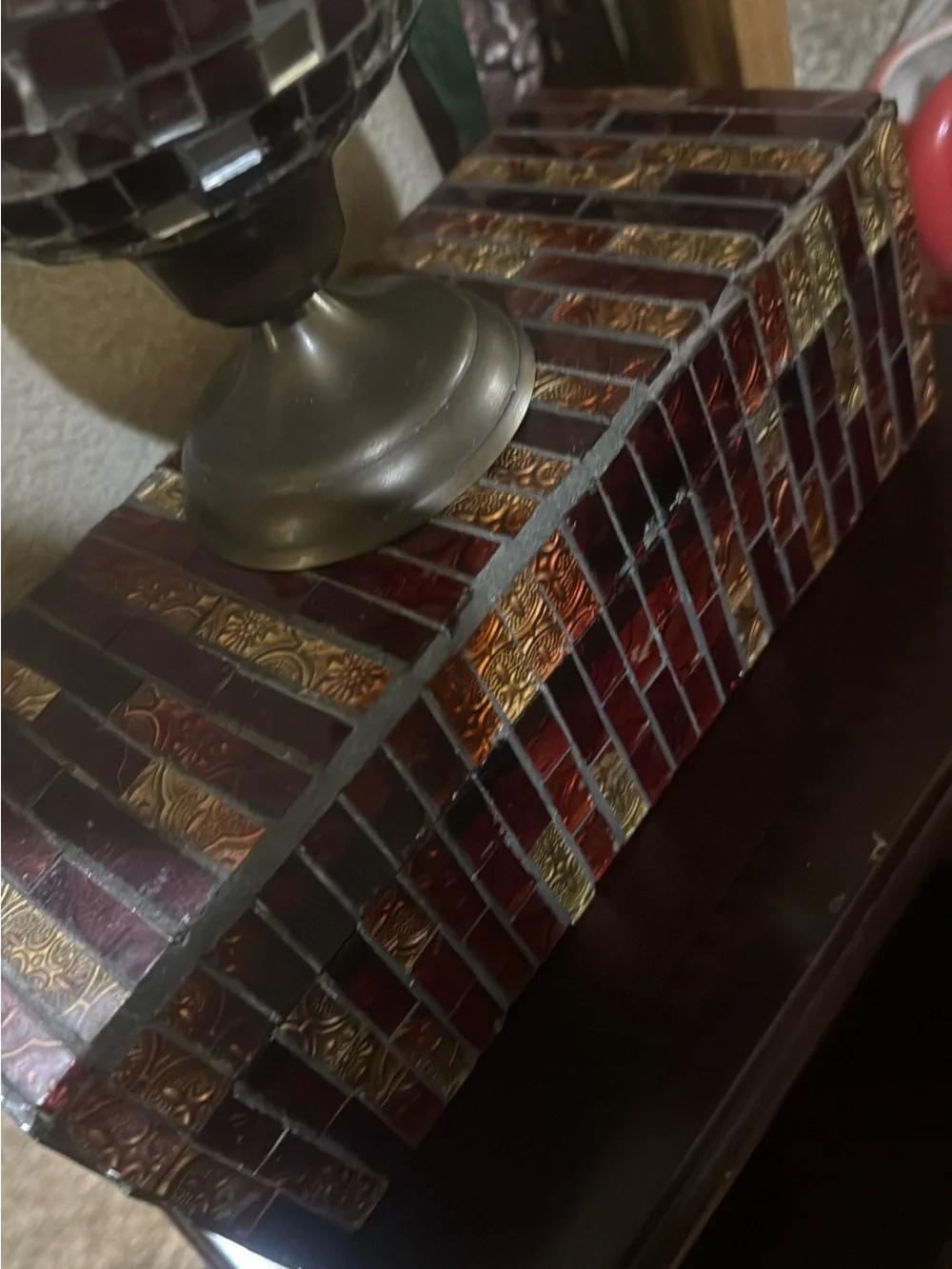 Decorative Burgundy Mosaic Glass Candle Holder and box mirror